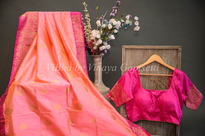 Dark and Light Pink Banarasi Katan Silk Saree And Blouse