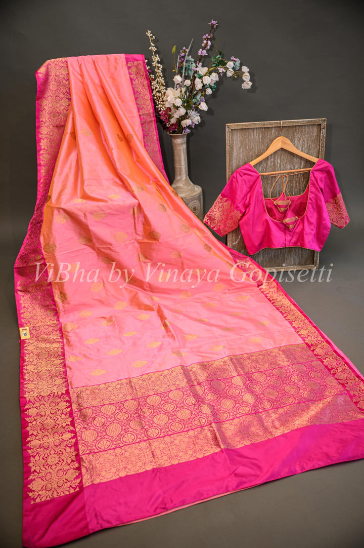 Dark and Light Pink Banarasi Katan Silk Saree And Blouse