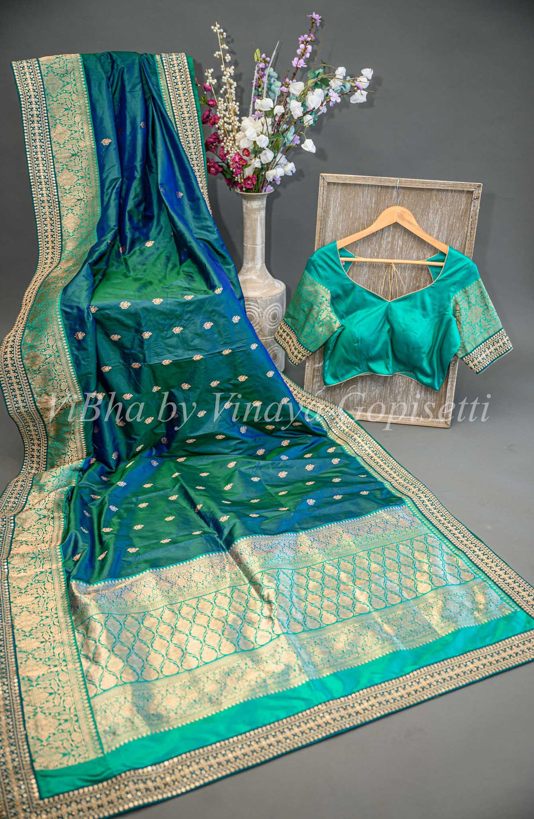 Dark and Light Sea Green Benares Silk Saree