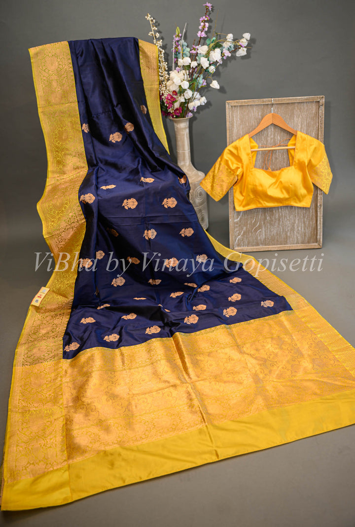 Dark Ink Blue and Mustard Yellow Benares Katan Silk Sare