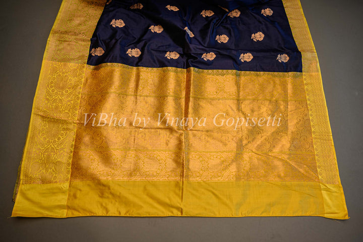 Dark Navy Blue And Mustard Yellow Banarasi Katan Silk Saree And Blouse