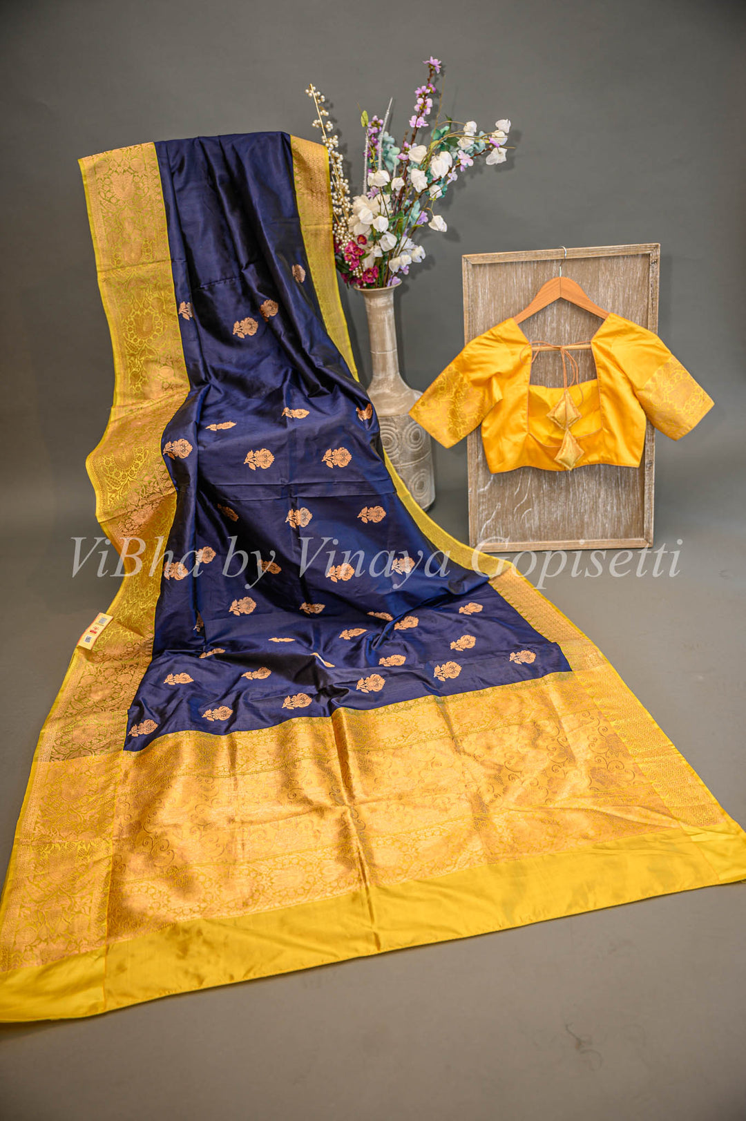 Dark Navy Blue And Mustard Yellow Banarasi Katan Silk Saree And Blouse