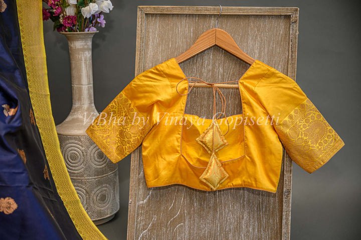 Dark Navy Blue And Mustard Yellow Banarasi Katan Silk Saree And Blouse