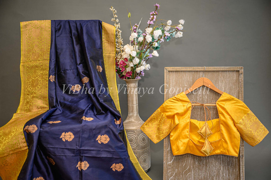 Dark Navy Blue And Mustard Yellow Banarasi Katan Silk Saree And Blouse