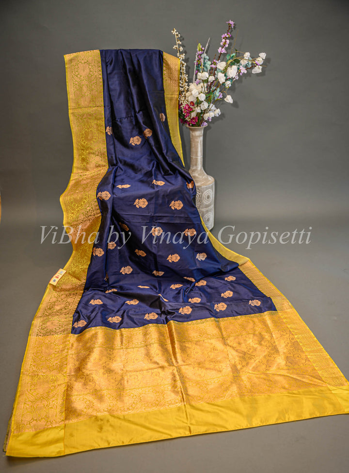 Dark Navy Blue And Mustard Yellow Banarasi Katan Silk Saree And Blouse