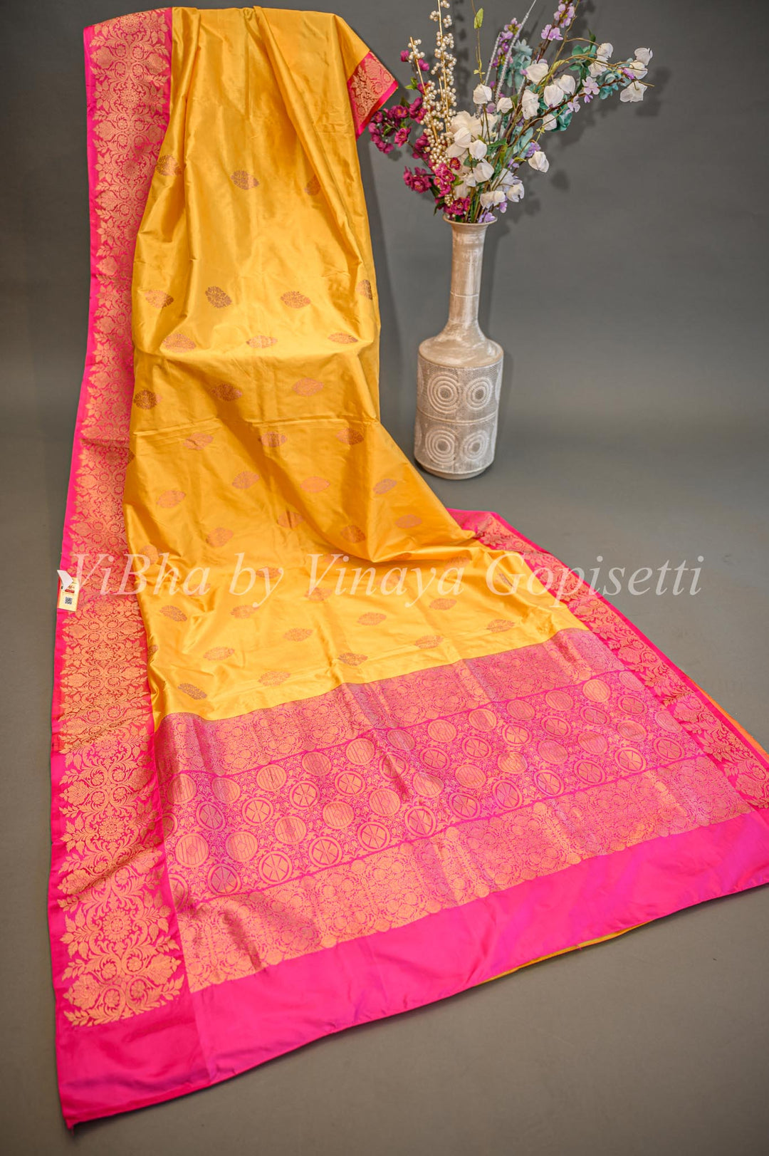 Yellow and Rani Pink Banarasi Katan Silk Saree And Blouse