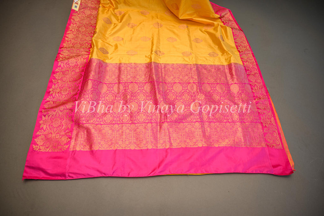 Yellow and Rani Pink Banarasi Katan Silk Saree And Blouse