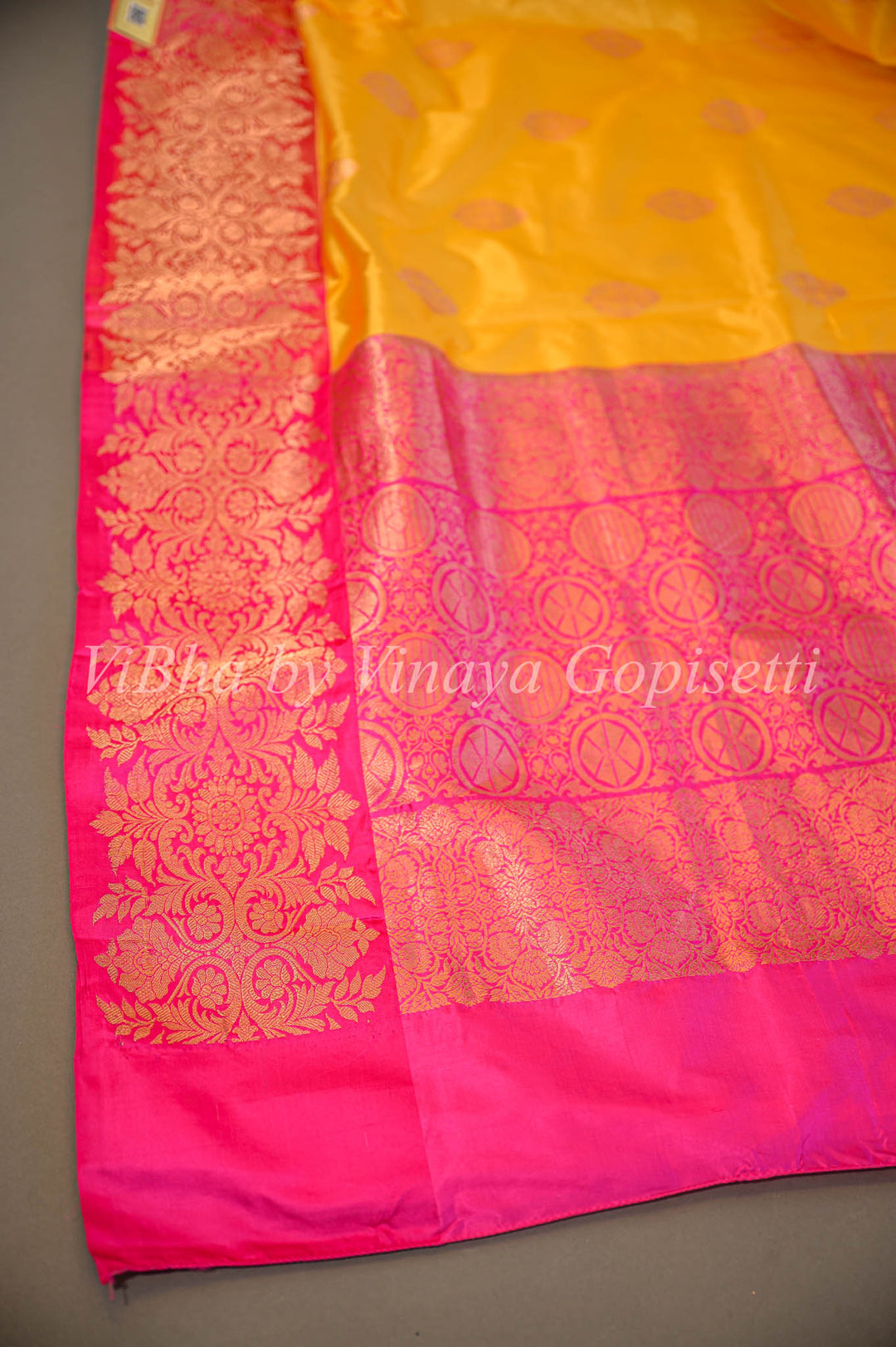 Yellow and Rani Pink Banarasi Katan Silk Saree And Blouse