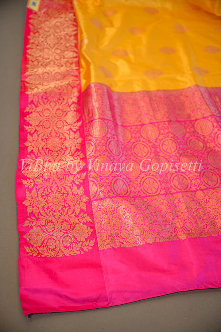 Yellow and Rani Pink Banarasi Katan Silk Saree And Blouse