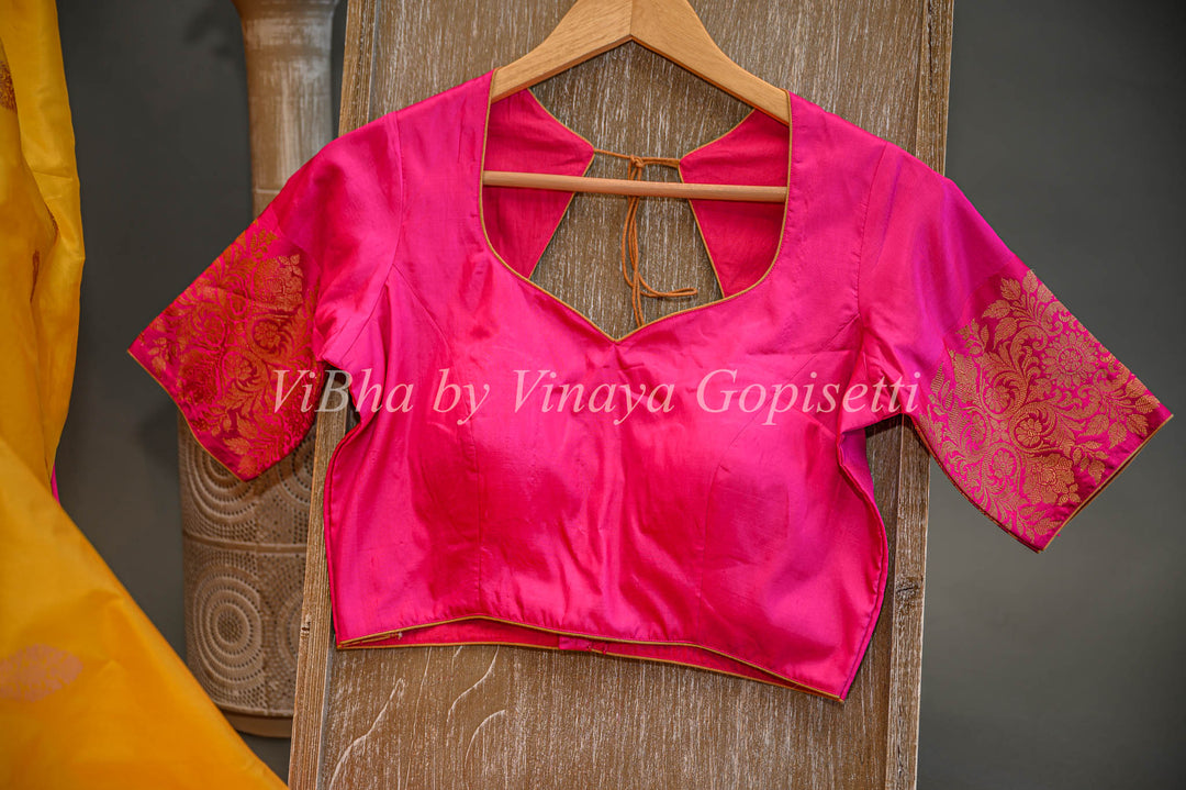 Yellow and Rani Pink Banarasi Katan Silk Saree And Blouse