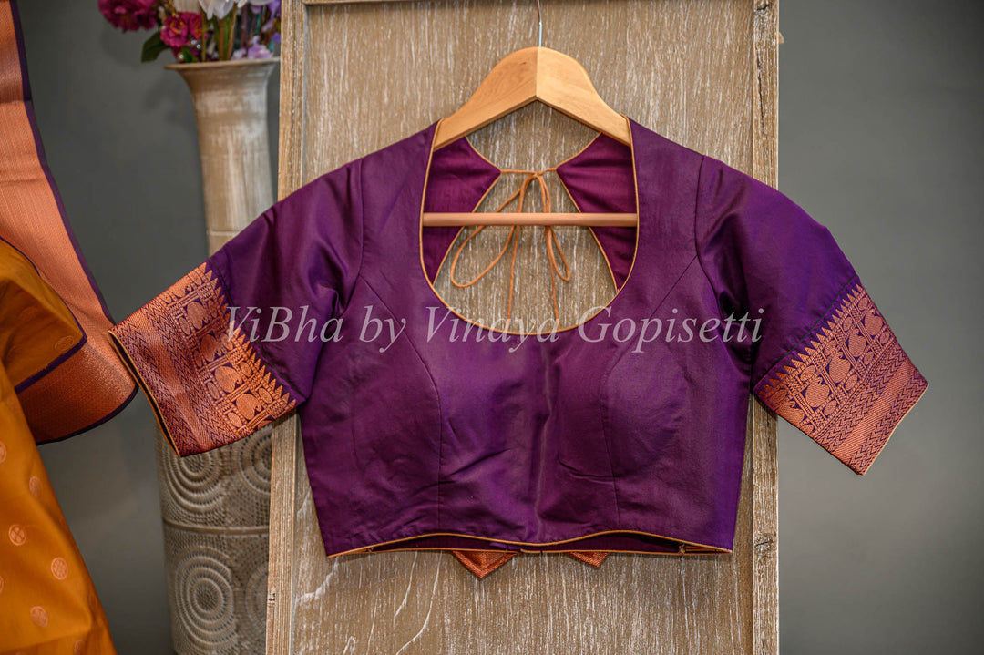 Deep Mustard And Purple Kanchi Silk Saree And Blouse With Copper Zari