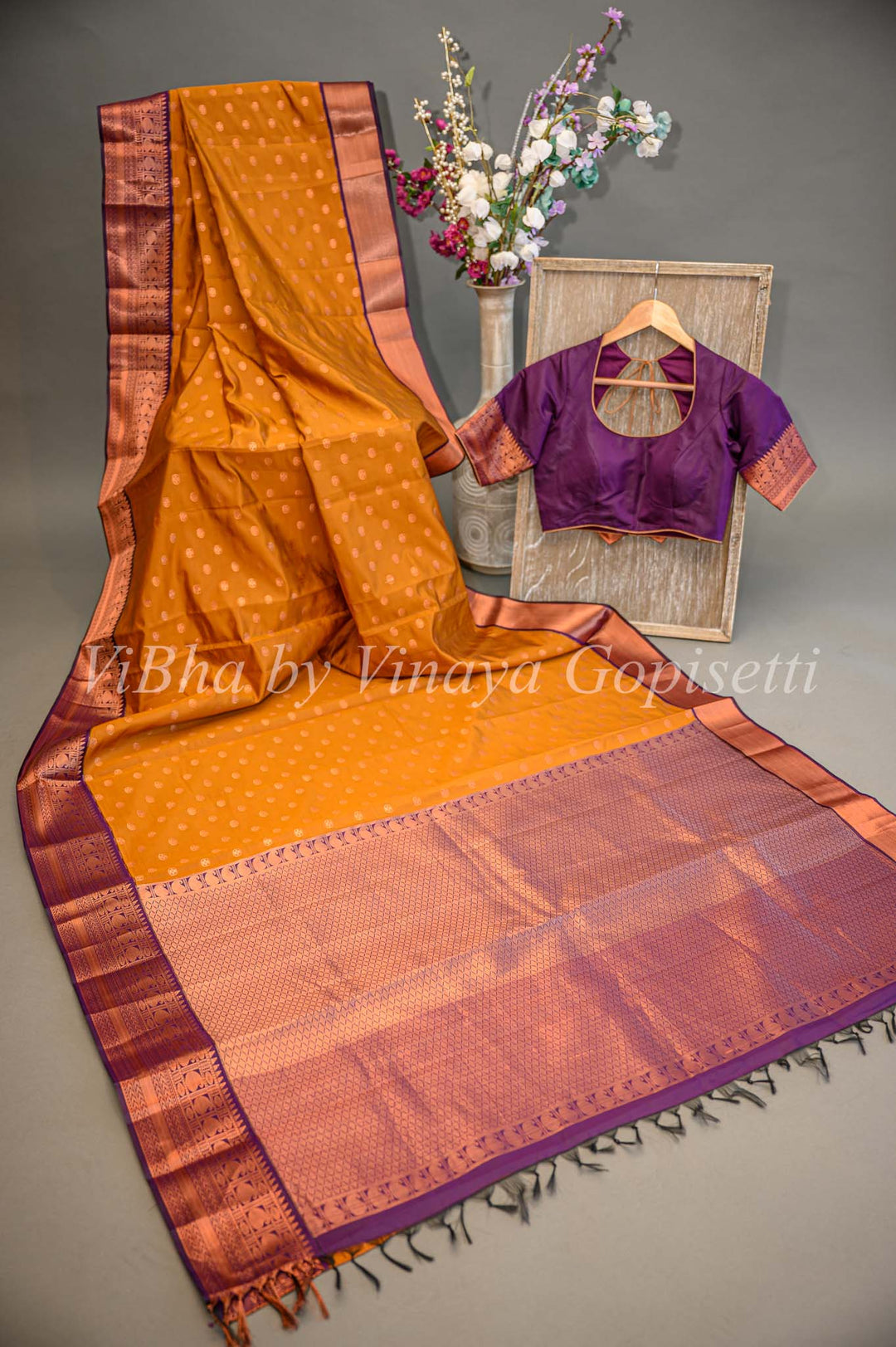 Deep Mustard and Purple Kanchi Silk Saree a