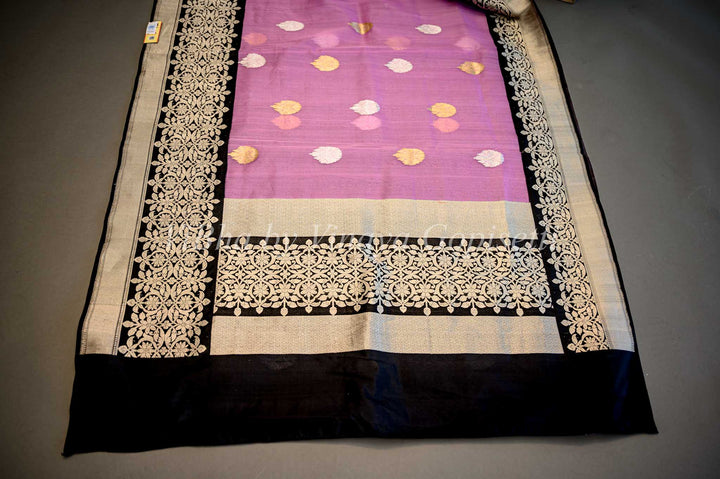 Pink And Black Banarasi Organza Saree And Blouse