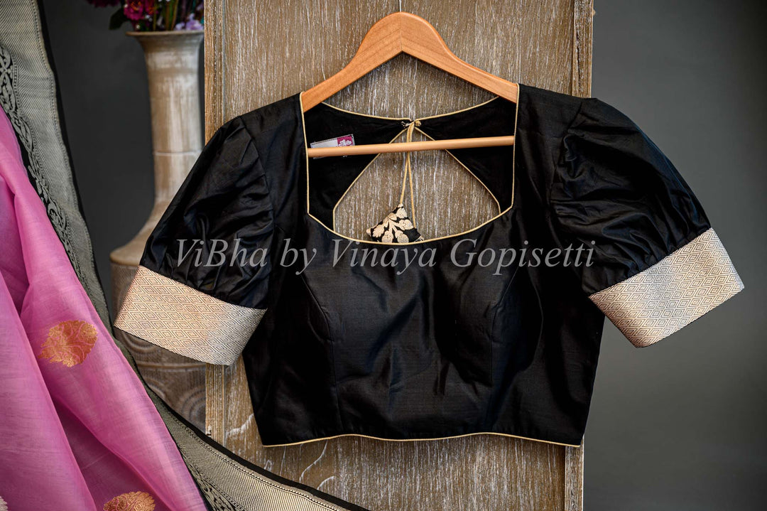 Pink And Black Banarasi Organza Saree And Blouse