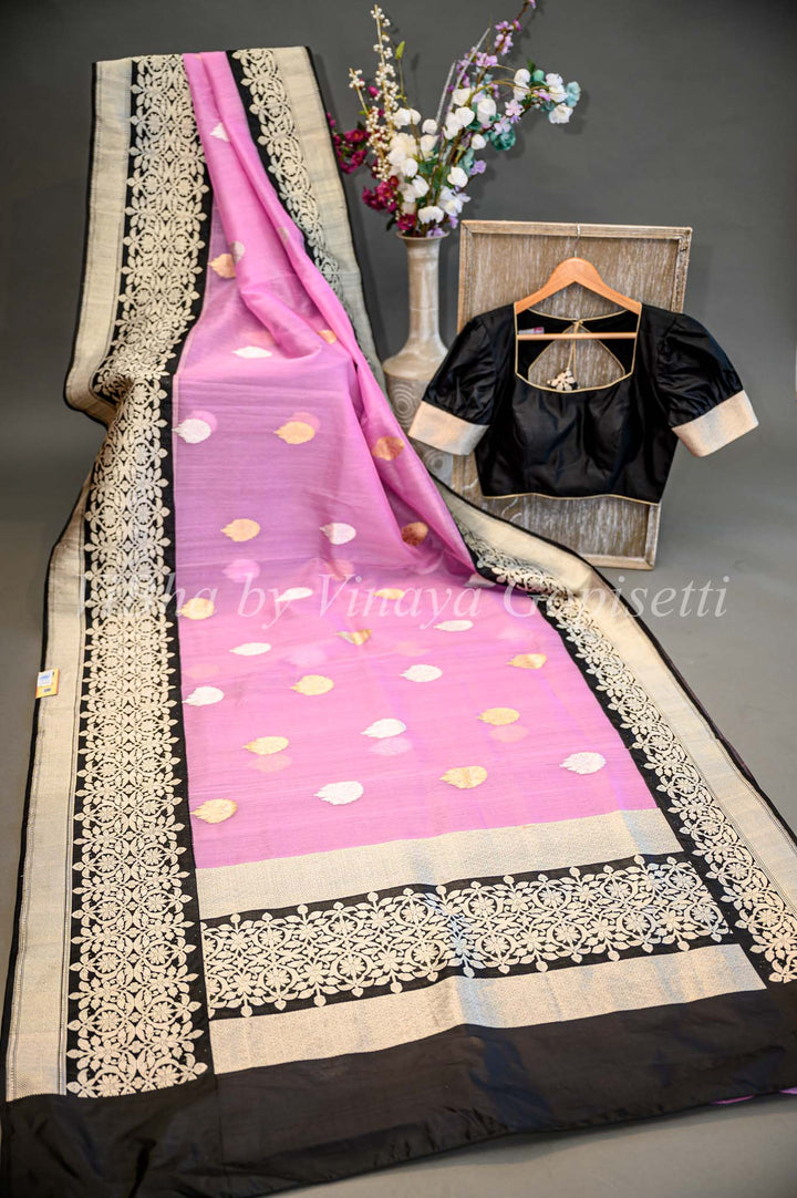 Baby Pink and Black Benares Organza Saree