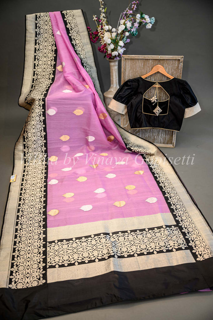 Pink And Black Banarasi Organza Saree And Blouse