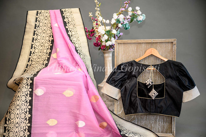 Pink And Black Banarasi Organza Saree And Blouse