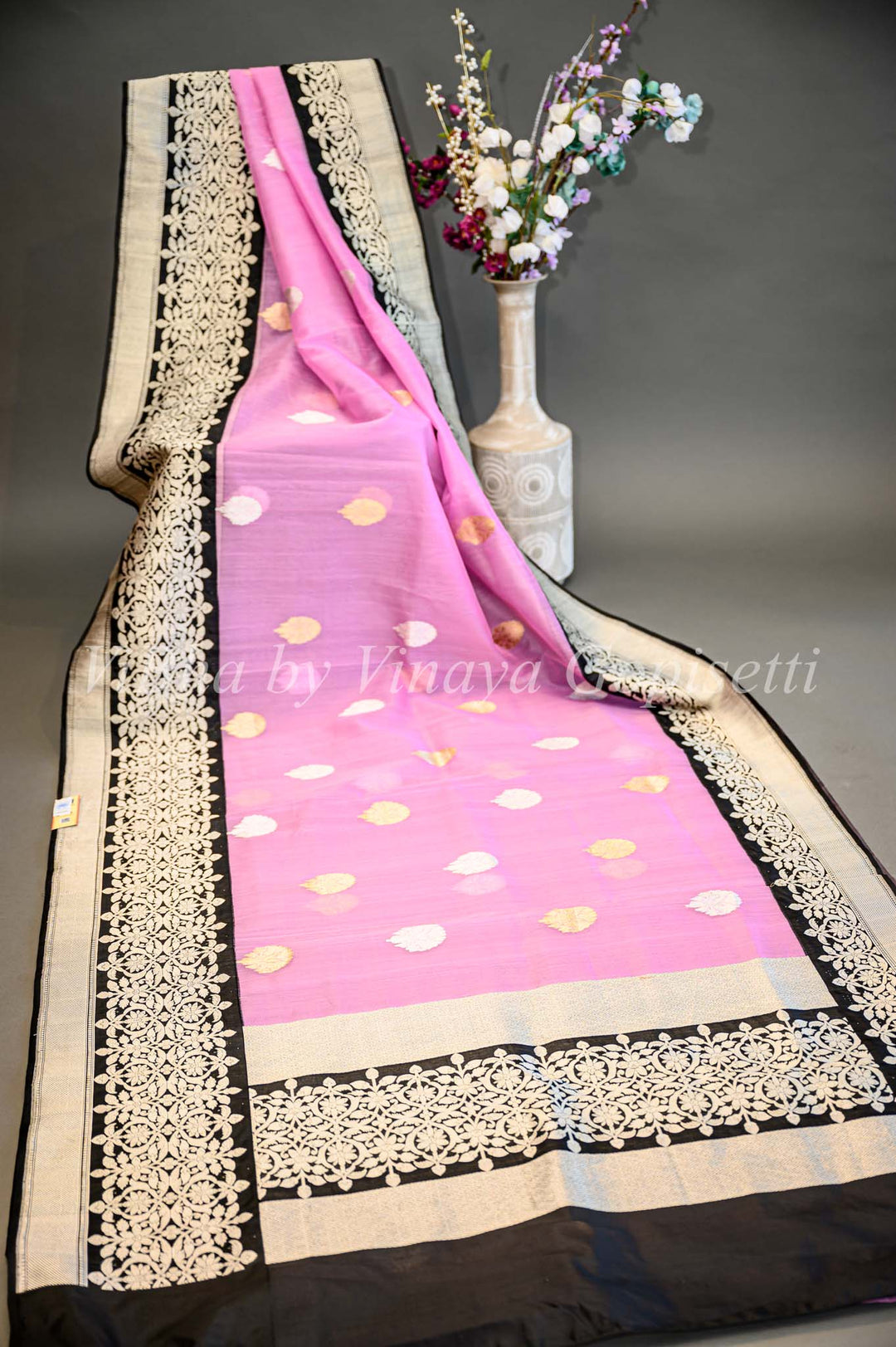 Pink And Black Banarasi Organza Saree And Blouse