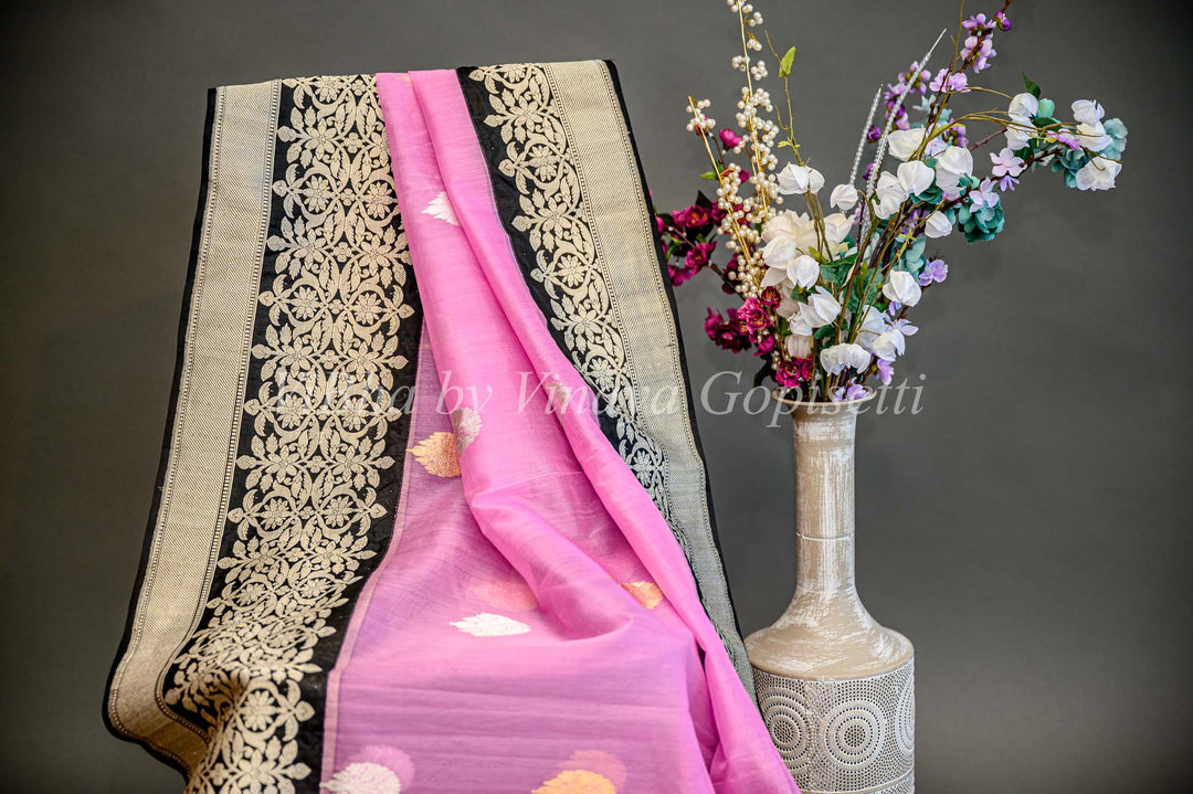 Pink And Black Banarasi Organza Saree And Blouse