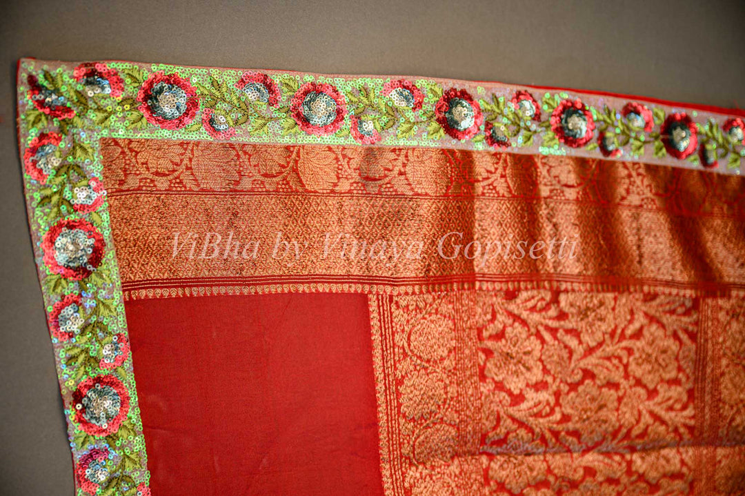 Parrot Green and Red Banarasi Organza Saree Embellished With Embroidered Borders