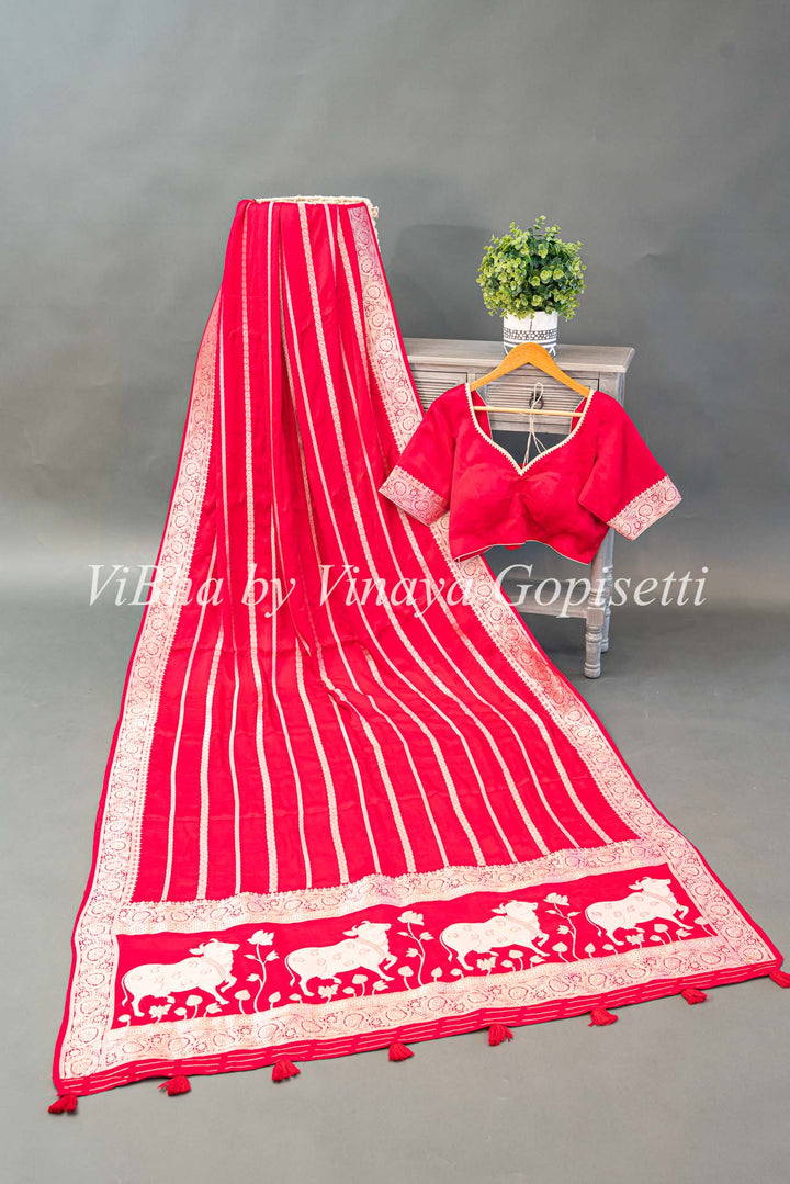 Dark Pink Banarasi Silk Saree with Lines Zari And Pichwai Pallu And Blouse