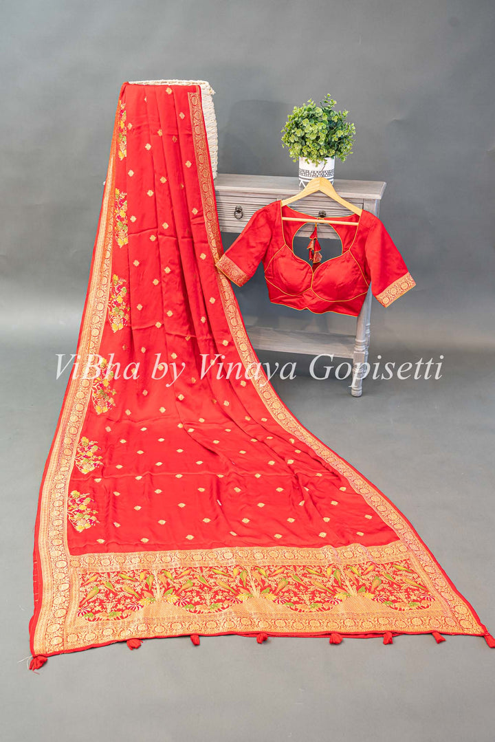 Red Raw Mango Banarasi Silk Saree With Meenakari work Borders And Blouse