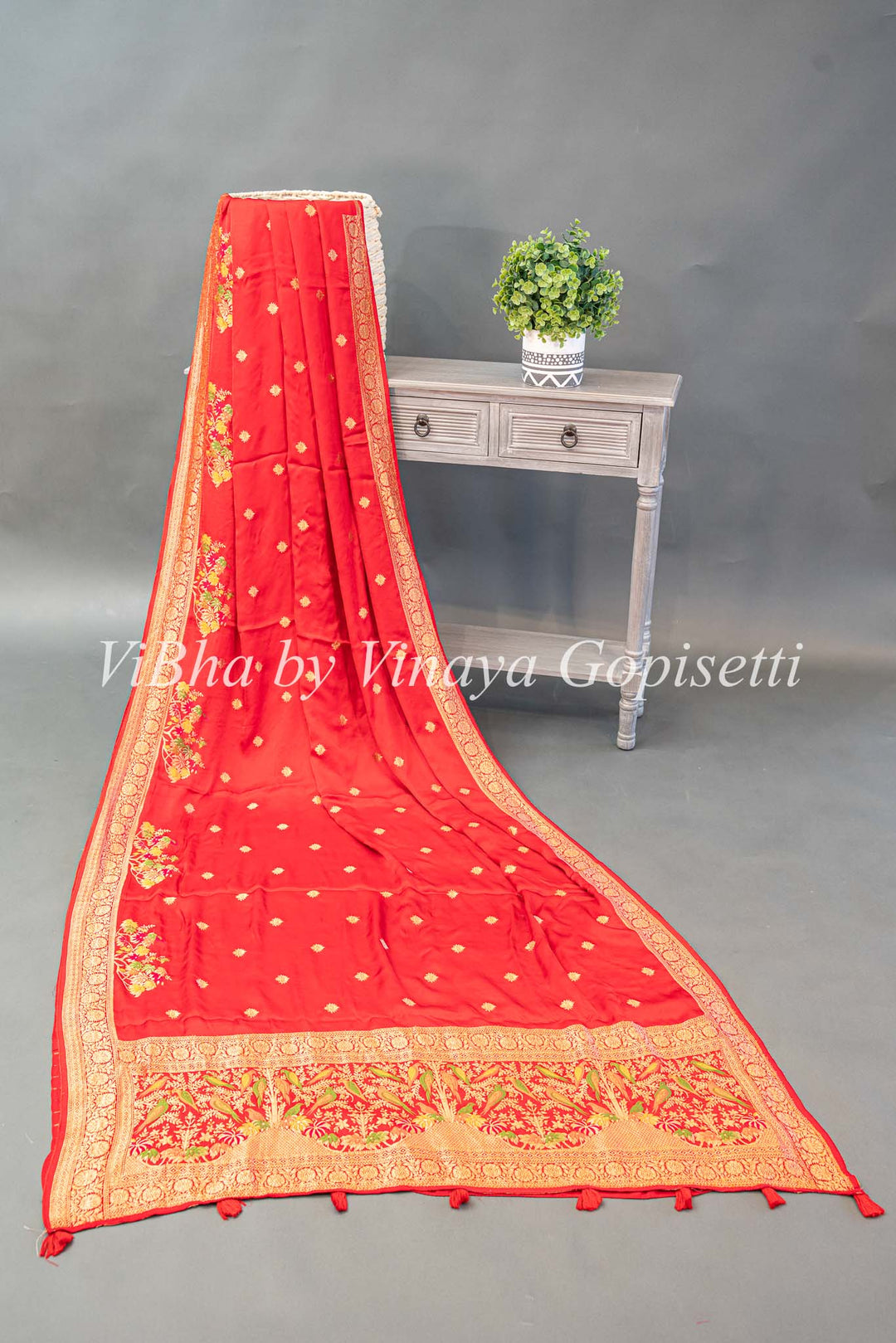 Red Raw Mango Banarasi Silk Saree With Meenakari work Borders And Blouse