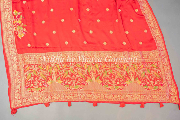 Red Raw Mango Banarasi Silk Saree With Meenakari work Borders And Blouse