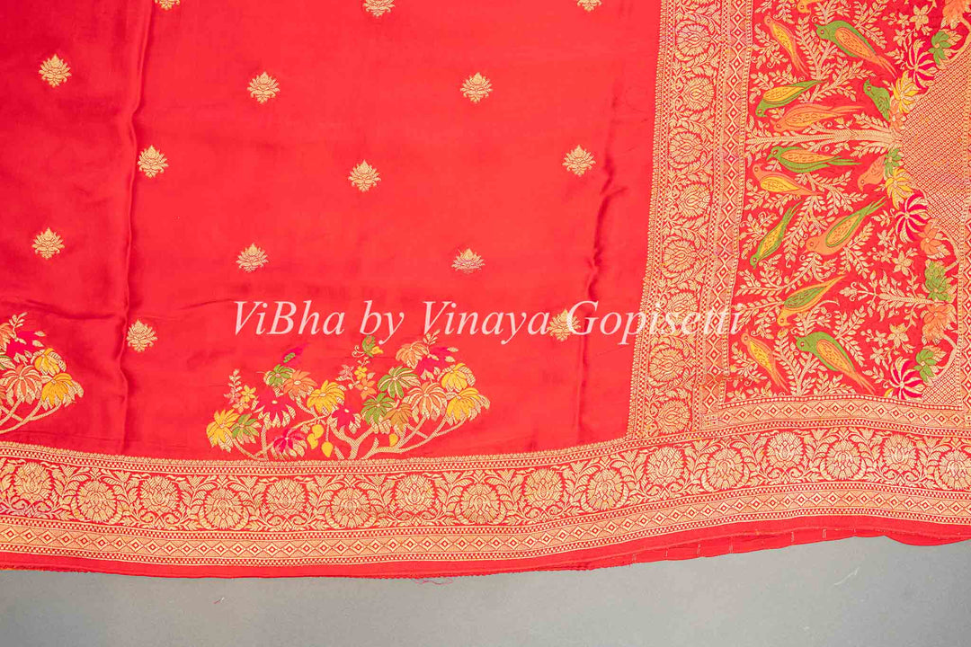 Red Raw Mango Banarasi Silk Saree With Meenakari work Borders And Blouse