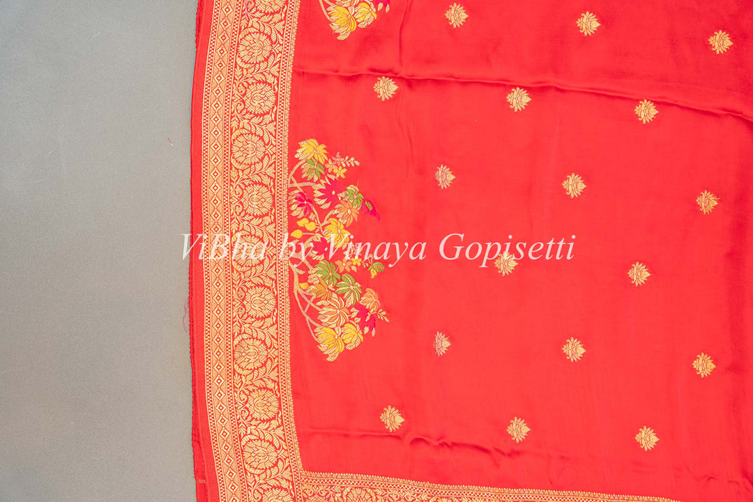 Red Raw Mango Banarasi Silk Saree With Meenakari work Borders And Blouse