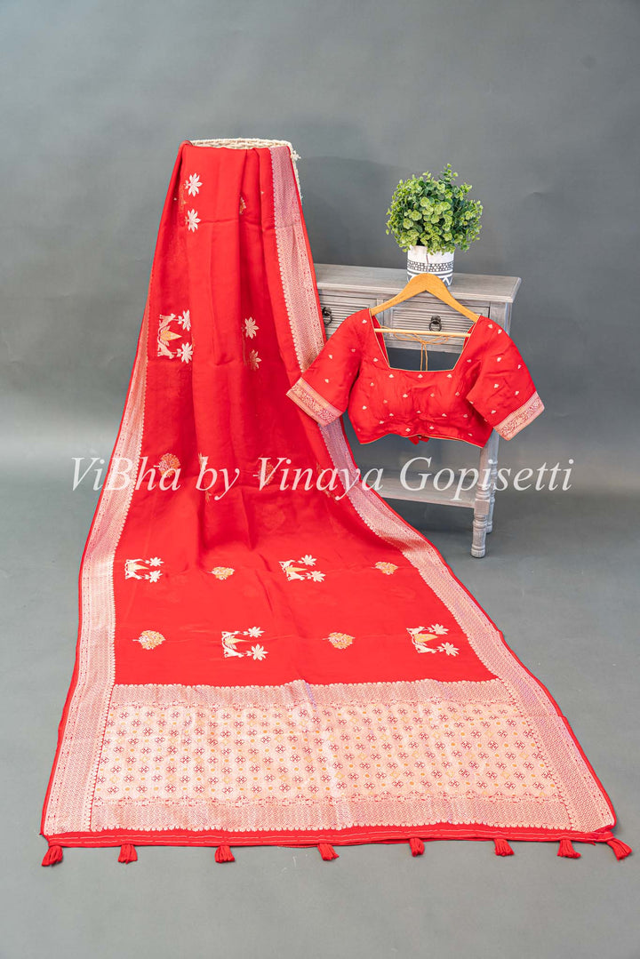 Red Banarasi Kora Silk Saree And Blouse With Gold And Silver Motifs And Borders