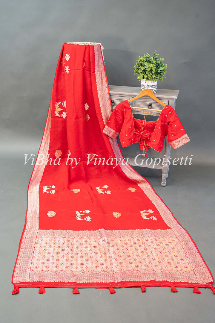 Red Banarasi Kora Silk Saree And Blouse With Gold And Silver Motifs And Borders