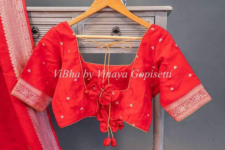 Red Banarasi Kora Silk Saree And Blouse With Gold And Silver Motifs And Borders