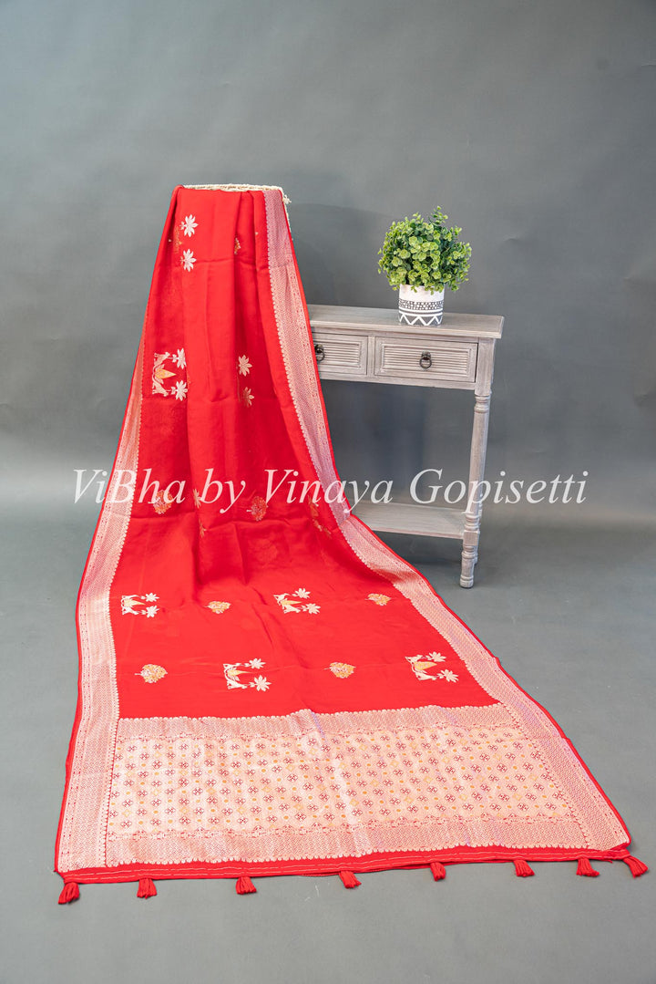 Red Banarasi Kora Silk Saree And Blouse With Gold And Silver Motifs And Borders