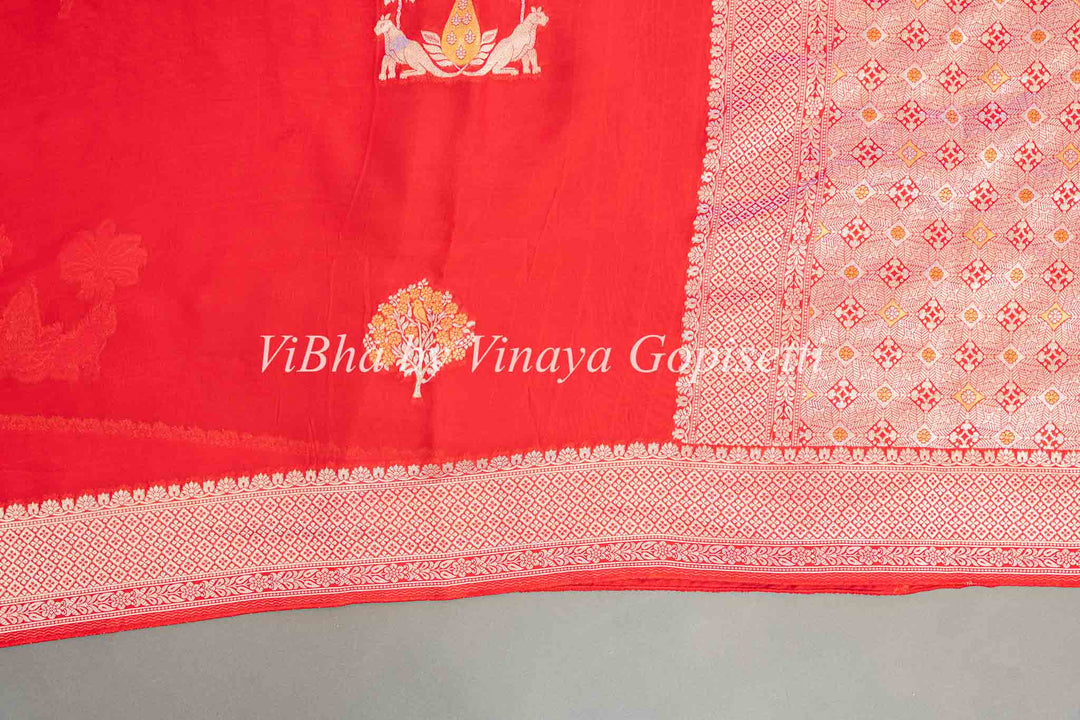 Red Banarasi Kora Silk Saree And Blouse With Gold And Silver Motifs And Borders