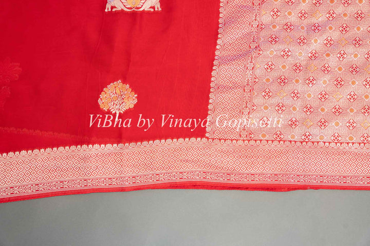 Red Banarasi Kora Silk Saree And Blouse With Gold And Silver Motifs And Borders