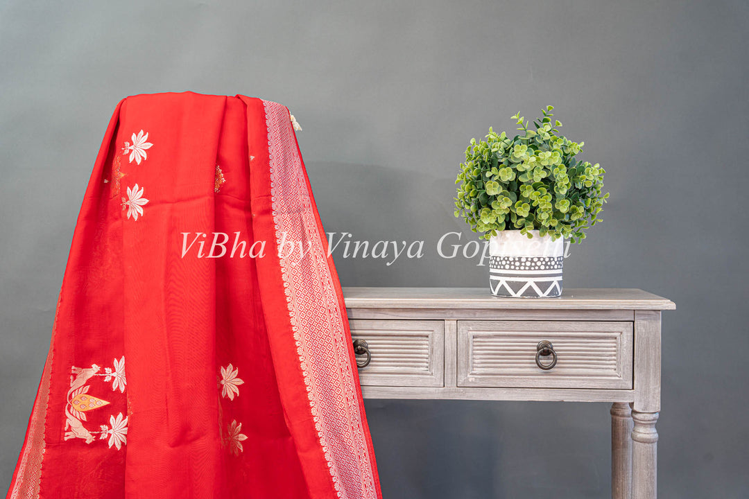 Red Banarasi Kora Silk Saree And Blouse With Gold And Silver Motifs And Borders