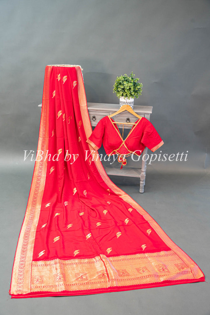 Red Raw Mango Banarasi Silk Saree And Blouse