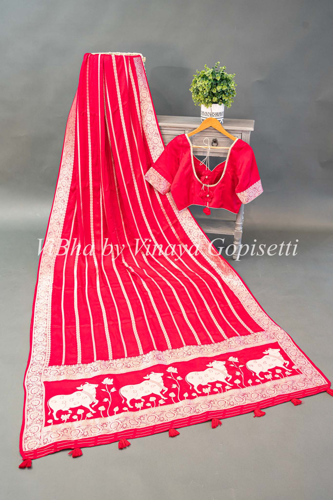 Dark Pink Banarasi Silk Saree with Lines Zari And Pichwai Pallu And Blouse