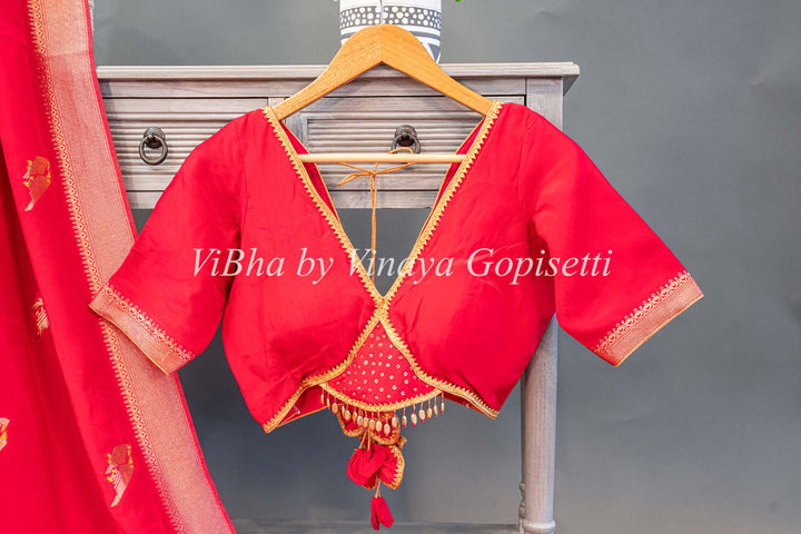 Red Raw Mango Banarasi Silk Saree And Blouse