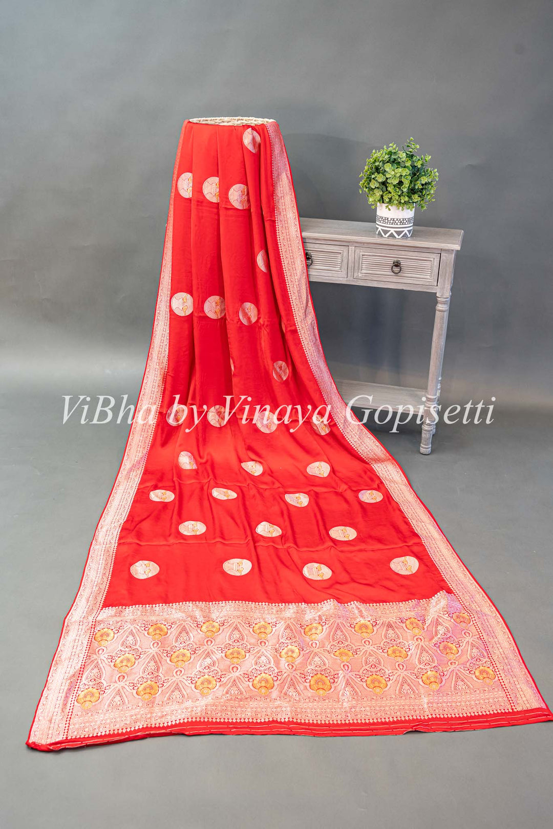 Red Raw Mango Banarasi Silk Saree And Blouse with Gold And Silver Zari Motifs And Borders