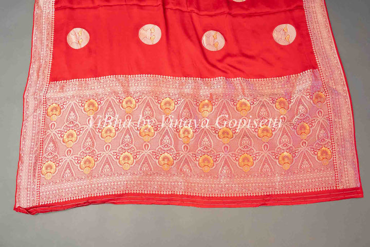 Red Raw Mango Banarasi Silk Saree And Blouse with Gold And Silver Zari Motifs And Borders