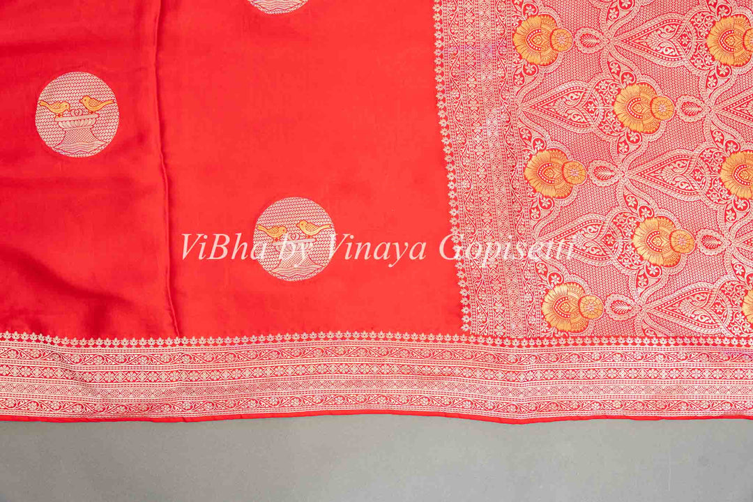 Red Raw Mango Banarasi Silk Saree And Blouse with Gold And Silver Zari Motifs And Borders