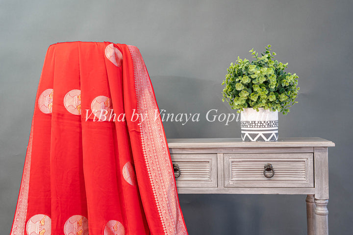 Red Raw Mango Banarasi Silk Saree And Blouse with Gold And Silver Zari Motifs And Borders