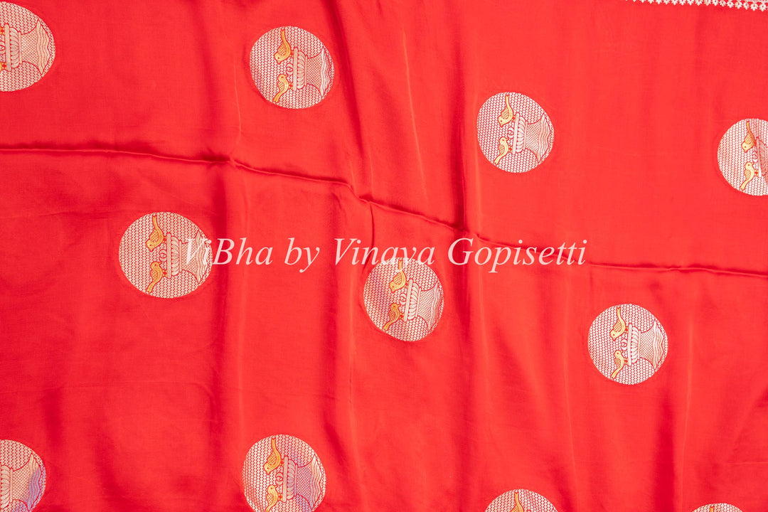 Red Raw Mango Banarasi Silk Saree And Blouse with Gold And Silver Zari Motifs And Borders