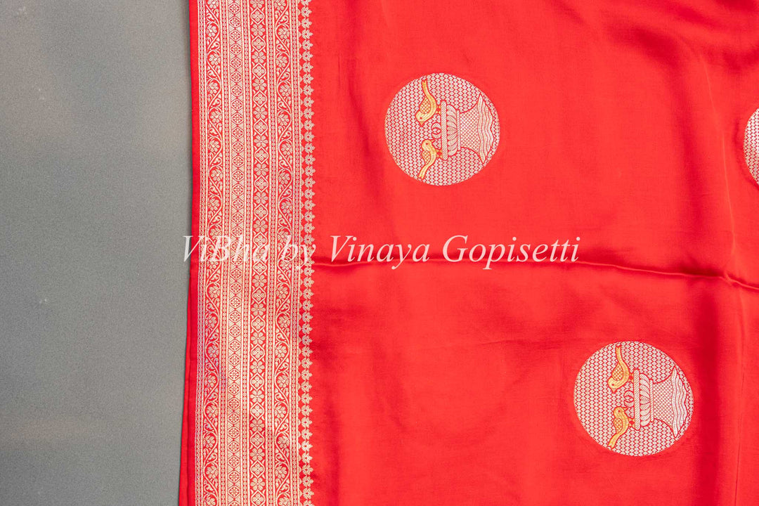 Red Raw Mango Banarasi Silk Saree And Blouse with Gold And Silver Zari Motifs And Borders