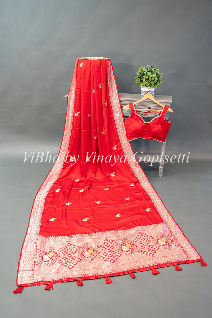 Red Raw Mango Banarasi Silk Saree And Sleeveless Blouse