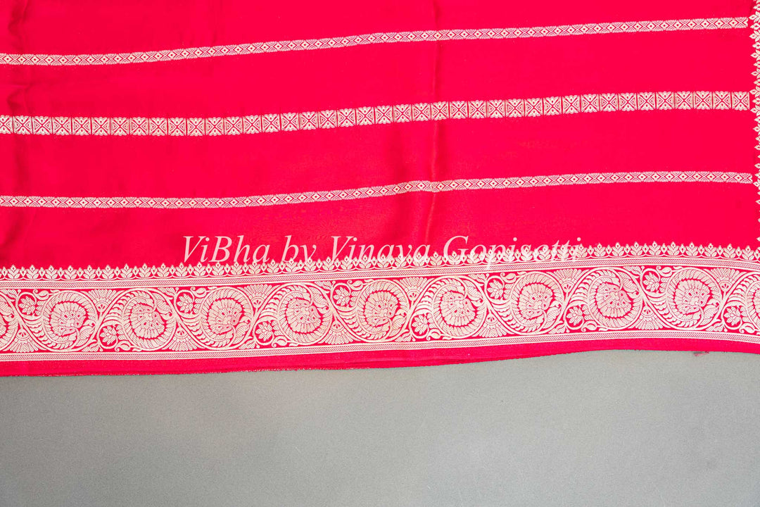 Dark Pink Banarasi Silk Saree with Lines Zari And Pichwai Pallu And Blouse