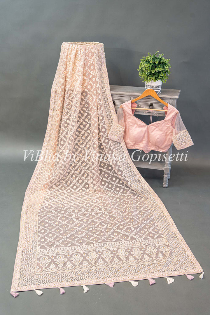 Pastel Pink Net Pearl Embroidered Saree And Blouse