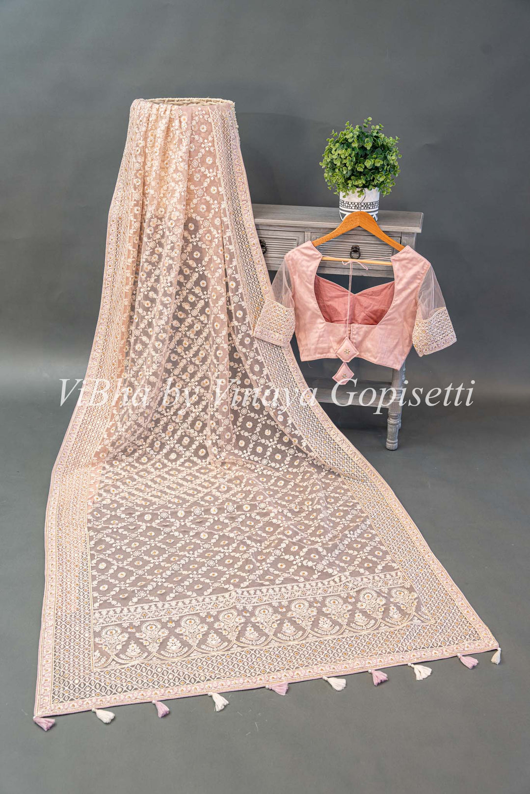 Pastel Pink Net Pearl Embroidered Saree And Blouse